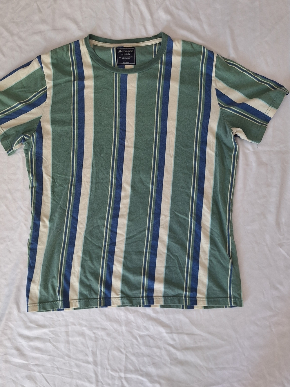 Abercrombie & Fitch Men's Green Blue White Striped Logo Crew Tee L Cotton